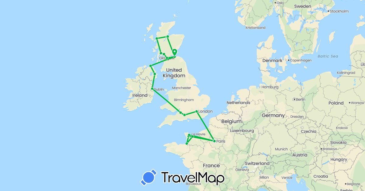 TravelMap itinerary: bus, plane in France, United Kingdom, Ireland (Europe)